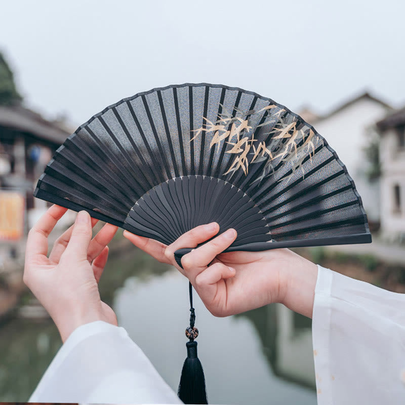 Buddha Stones Black Bamboo Leaf Print Silk Handheld Bamboo Folding Fan - Banboo 21cm - image 0