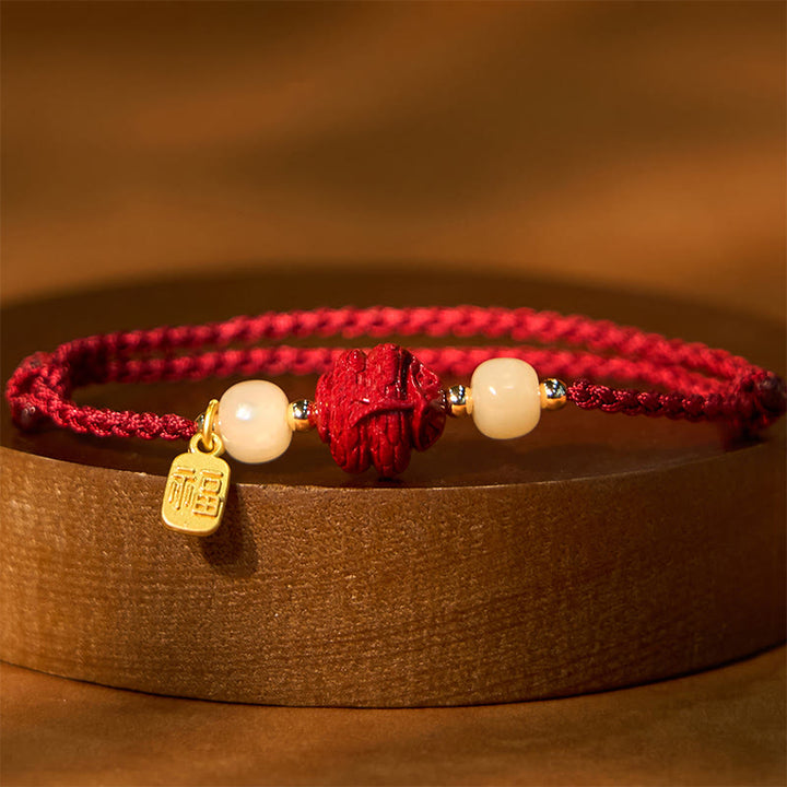 Buddha Stones Natural Cinnabar Chinese Zodiac Hetian Jade Fu Character Luck Rope Bracelet - Snake(Wrist Circumference 14-18cm) - image 5