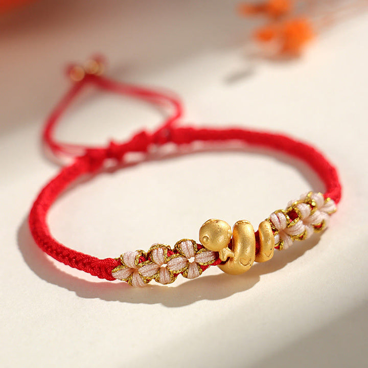 Buddha Stones Handmade 999 Sterling Silver Year Of The Snake Red String Heart Peach Blossom Luck Bracelet - Red String 999 Sterling Silver(Wrist Circumference: 15-18cm) - image 0