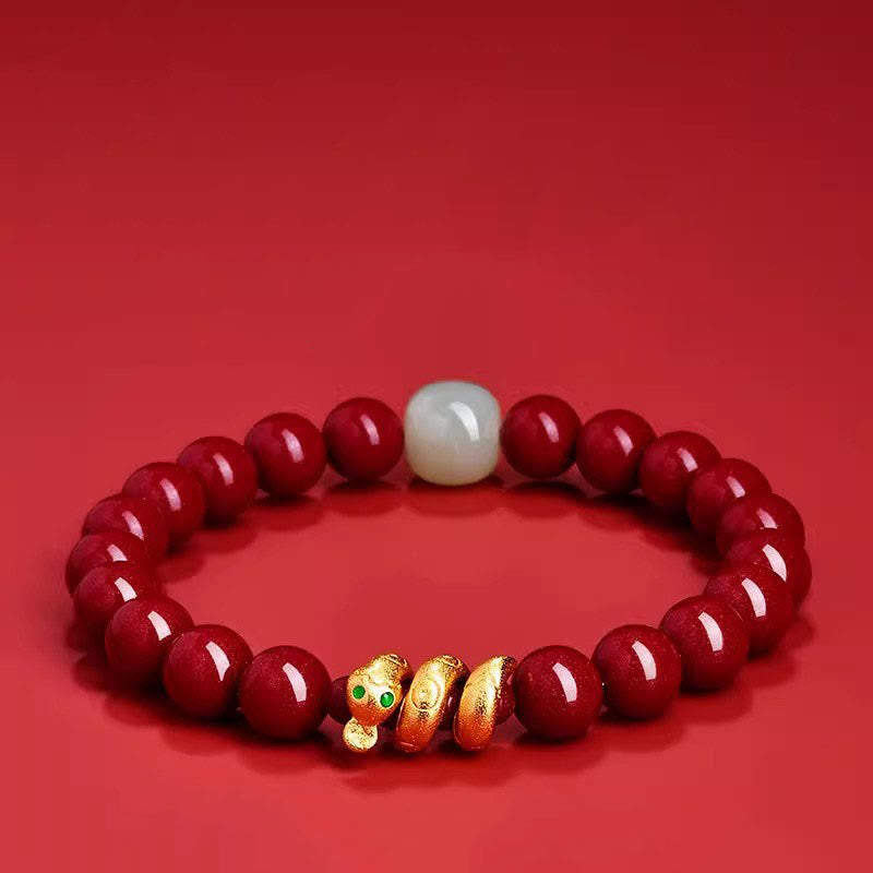 Buddha Stones Cinnabar Bead Hetian Jade Year Of The Snake Blessing Bracelet - 8mm Cinnabar Hetian Jade Snake(Wrist Circumference: 15cm) - image 0
