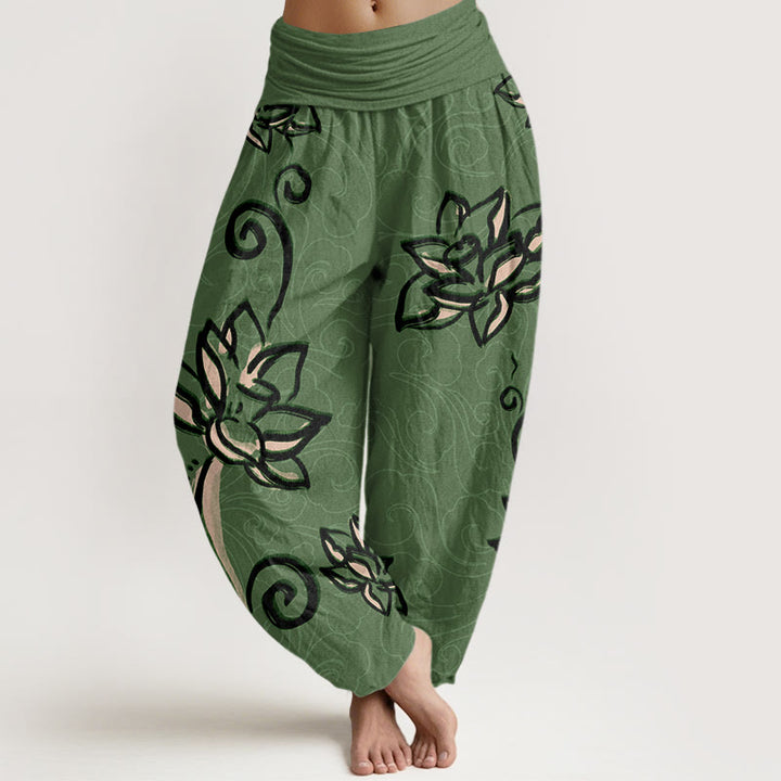 Buddha Stones Casual Lotus Auspicious Clouds Design Women's Elastic Waist Harem Pants - MediumSeaGreen - US22，UK/AU26，EU54 (6XL) - image 0