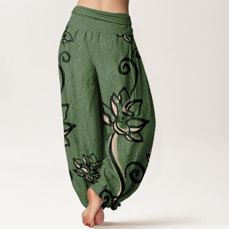 Buddha Stones Casual Lotus Auspicious Clouds Design Women's Elastic Waist Harem Pants - image 1