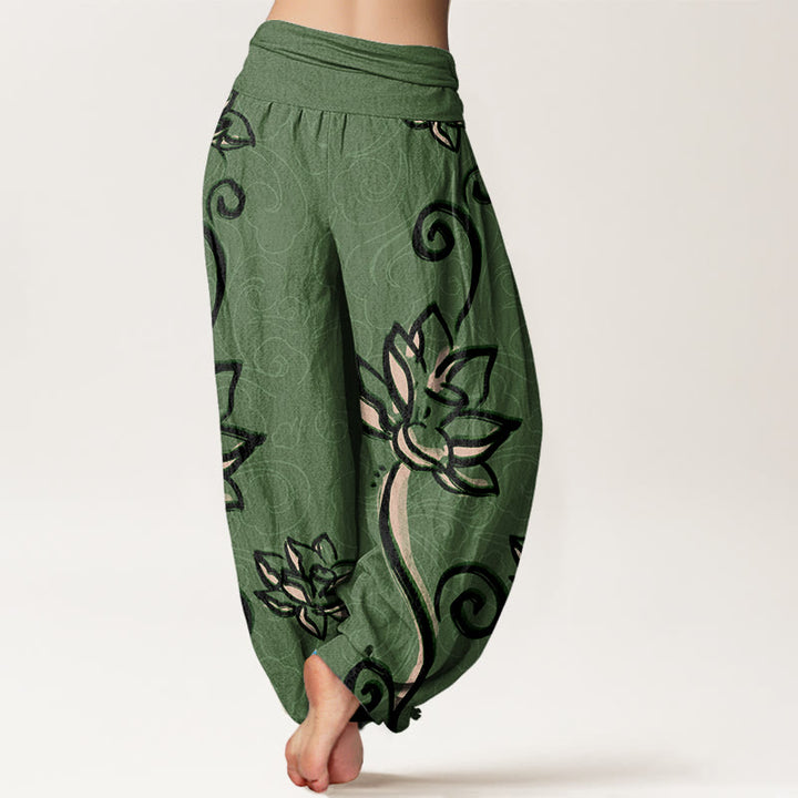 Buddha Stones Casual Lotus Auspicious Clouds Design Women's Elastic Waist Harem Pants - image 1