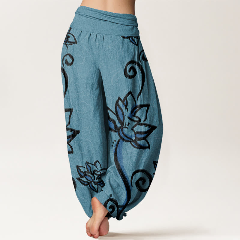 Buddha Stones Casual Lotus Auspicious Clouds Design Women's Elastic Waist Harem Pants - image 5