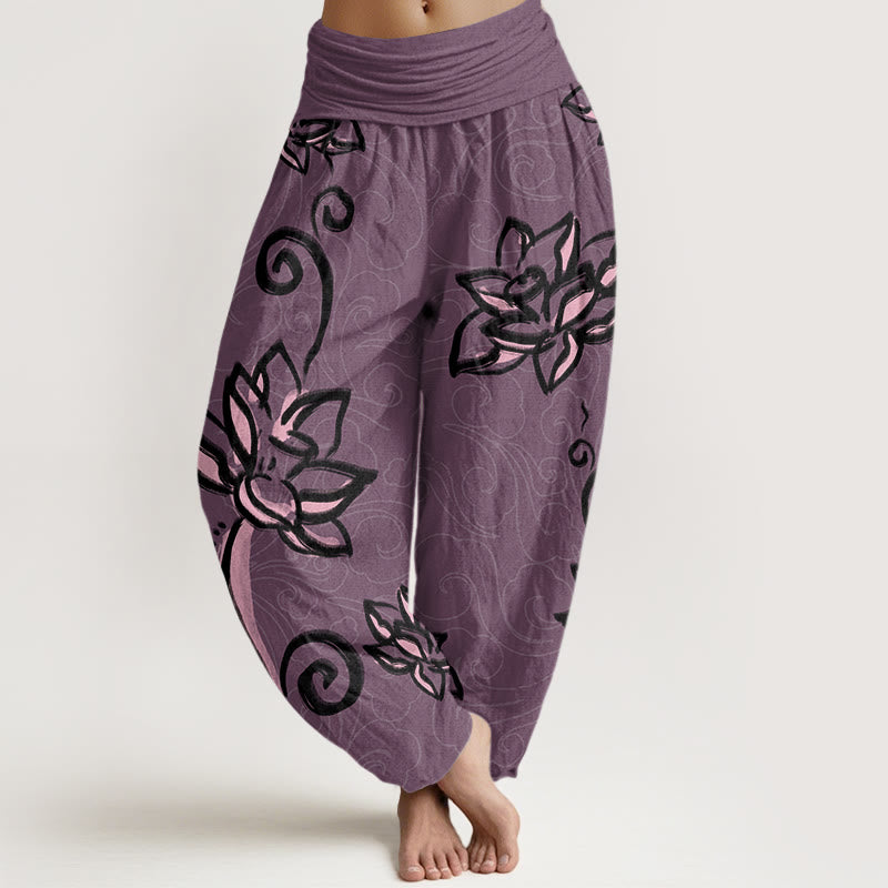Buddha Stones Casual Lotus Auspicious Clouds Design Women's Elastic Waist Harem Pants - DarkMagenta - US22，UK/AU26，EU54 (6XL) - image 7
