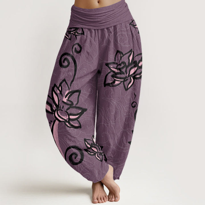 Buddha Stones Casual Lotus Auspicious Clouds Design Women's Elastic Waist Harem Pants - DarkMagenta - US22，UK/AU26，EU54 (6XL) - image 7