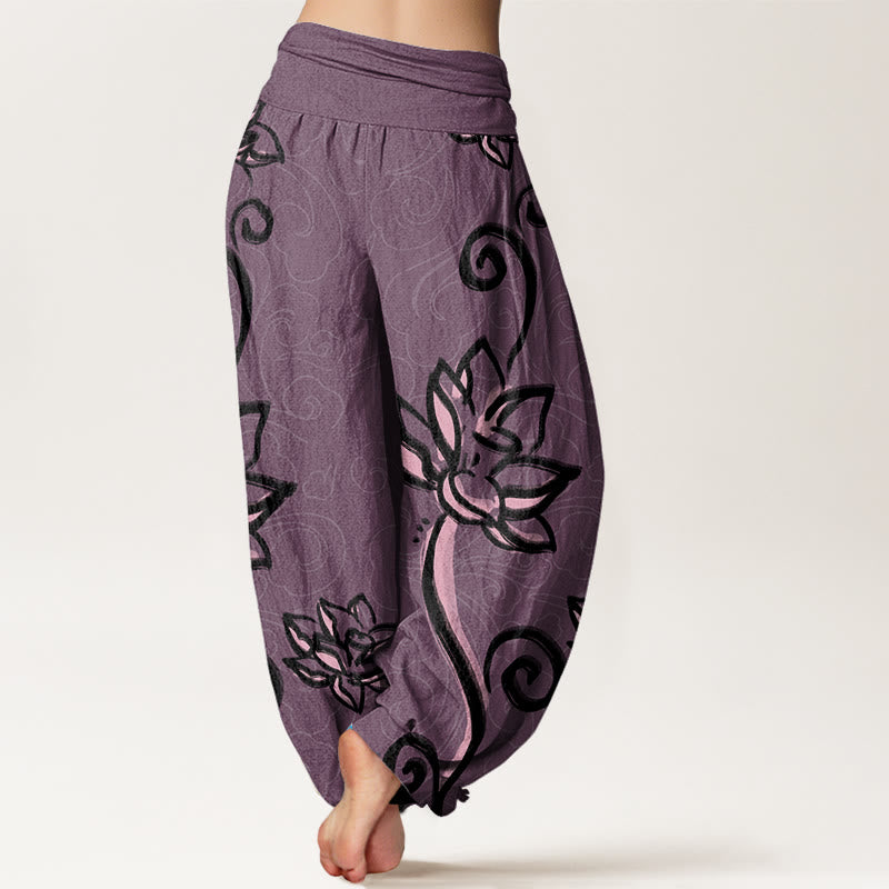 Buddha Stones Casual Lotus Auspicious Clouds Design Women's Elastic Waist Harem Pants - image 8