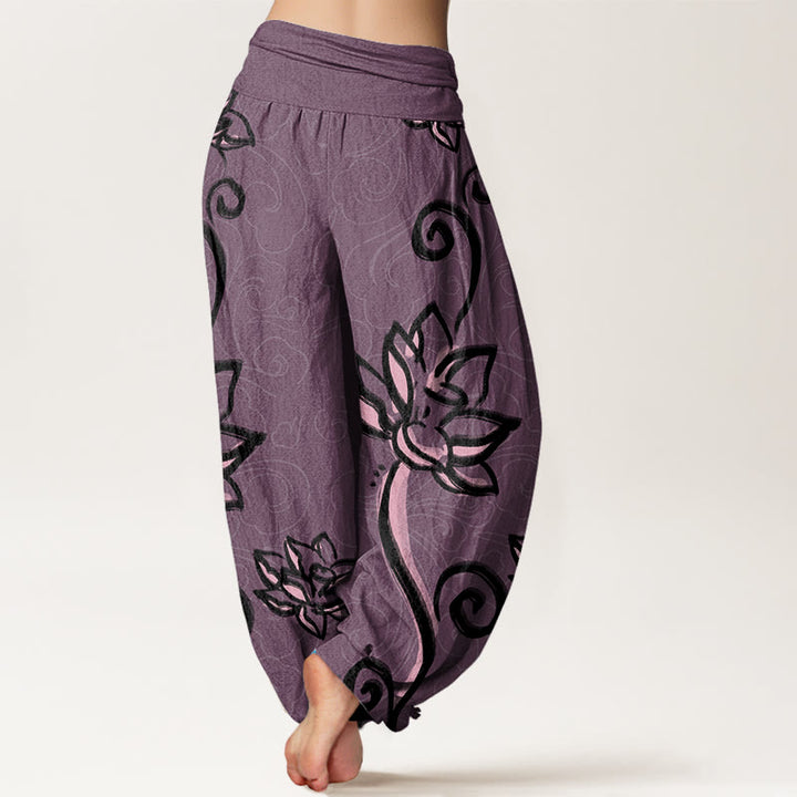 Buddha Stones Casual Lotus Auspicious Clouds Design Women's Elastic Waist Harem Pants - image 8