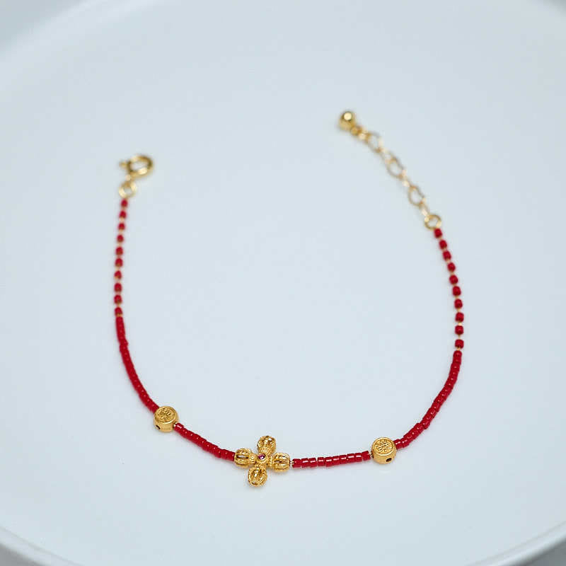 Buddha Stones 24k Gold Plated 925 Sterling Silver Liuli Glass Bead PiXiu Four Leaf Clover Joy And Happiness Wealth Bracelet - image 1