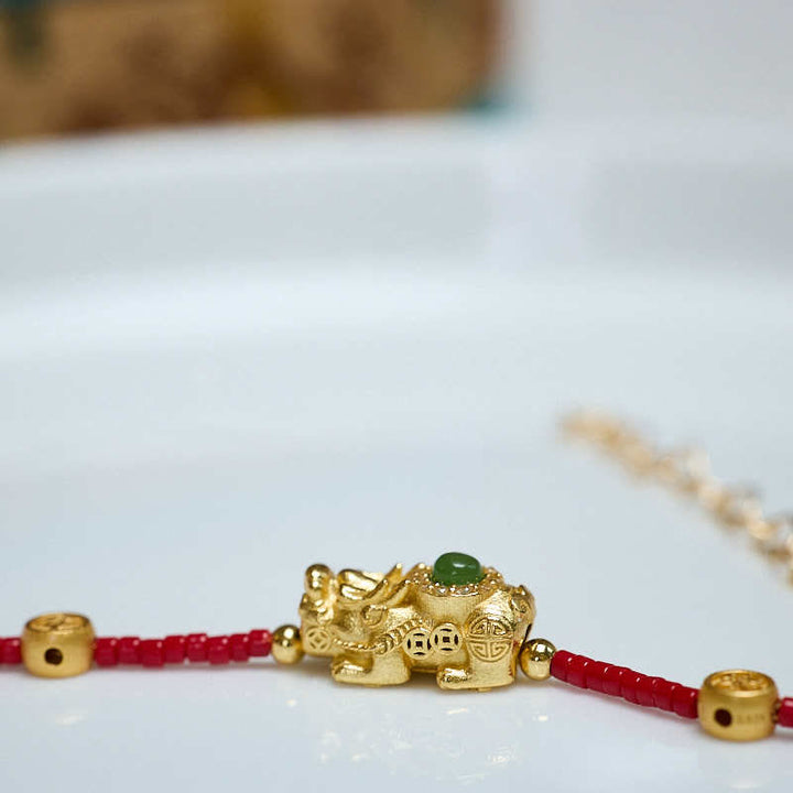 Buddha Stones 24k Gold Plated 925 Sterling Silver Liuli Glass Bead PiXiu Four Leaf Clover Joy And Happiness Wealth Bracelet - image 10