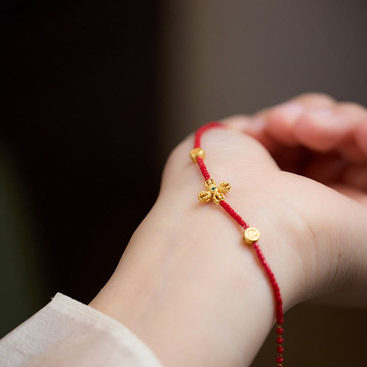 Buddha Stones 24k Gold Plated 925 Sterling Silver Liuli Glass Bead PiXiu Four Leaf Clover Joy And Happiness Wealth Bracelet - image 3