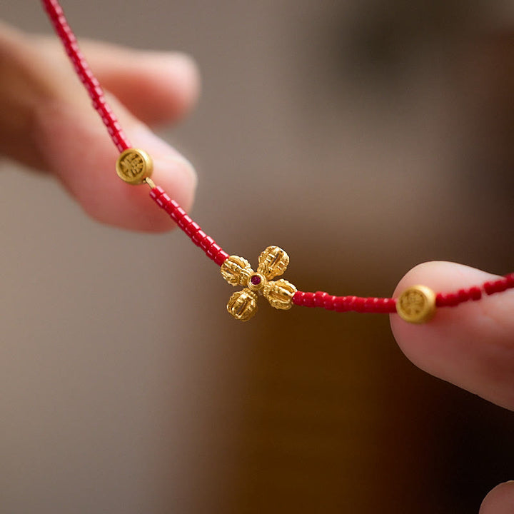 Buddha Stones 24k Gold Plated 925 Sterling Silver Liuli Glass Bead PiXiu Four Leaf Clover Joy And Happiness Wealth Bracelet - image 7