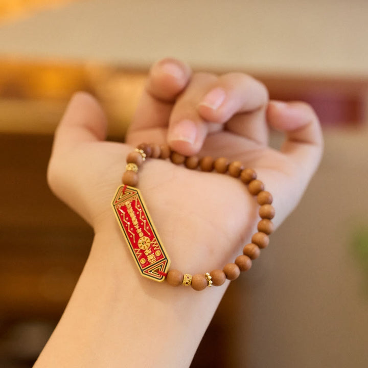 Buddha Stones Sandalwood Wood Bead Gold Plated Copper Bagua Yin Yang Chinese Character Harmony Bracelet - image 3
