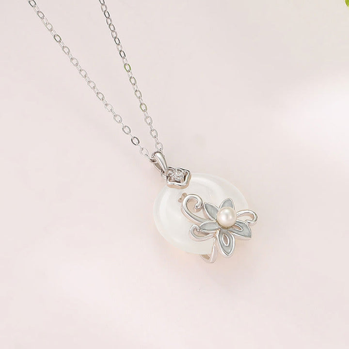 Buddha Stones Chalcedony Peace Buckle 999 Sterling Silver Lotus Positive Necklace Pendant - image 3