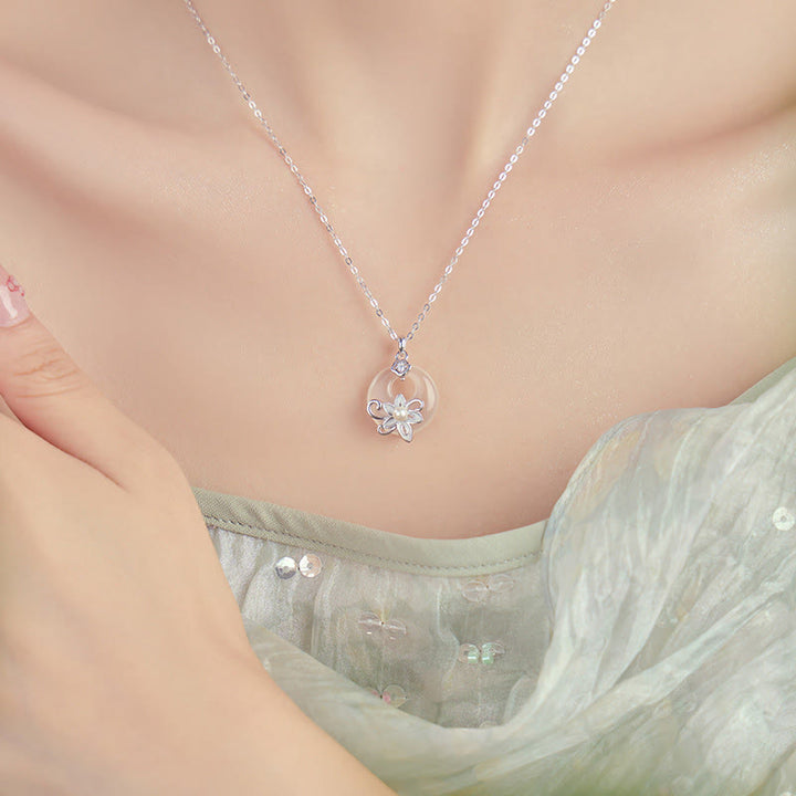 Buddha Stones Chalcedony Peace Buckle 999 Sterling Silver Lotus Positive Necklace Pendant - image 12