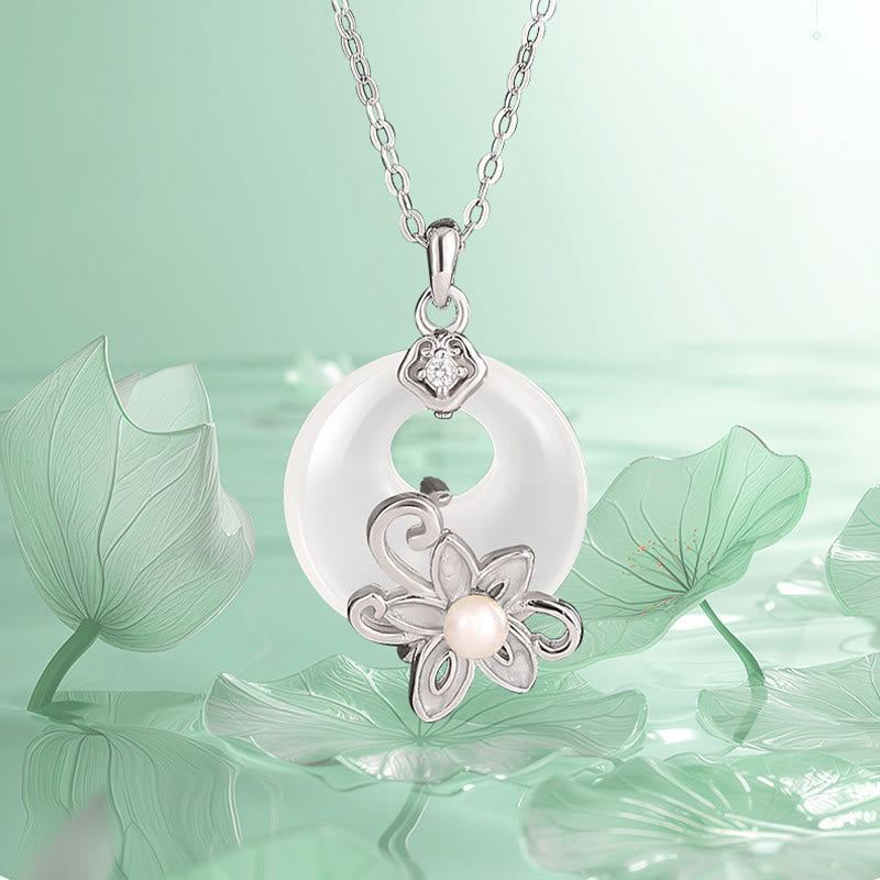 Buddha Stones Chalcedony Peace Buckle 999 Sterling Silver Lotus Positive Necklace Pendant - image 1