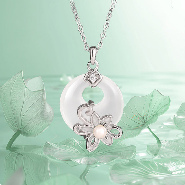 Buddha Stones Chalcedony Peace Buckle 999 Sterling Silver Lotus Positive Necklace Pendant - image 1