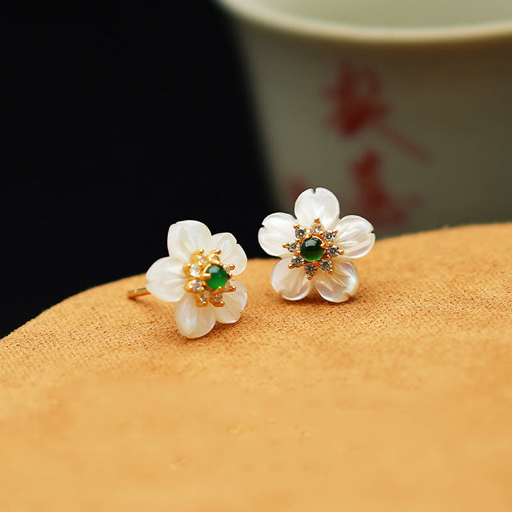 Buddha Stones 925 Sterling Silver Tridacna Stone Jade Flower Blessing Earrings - image 3