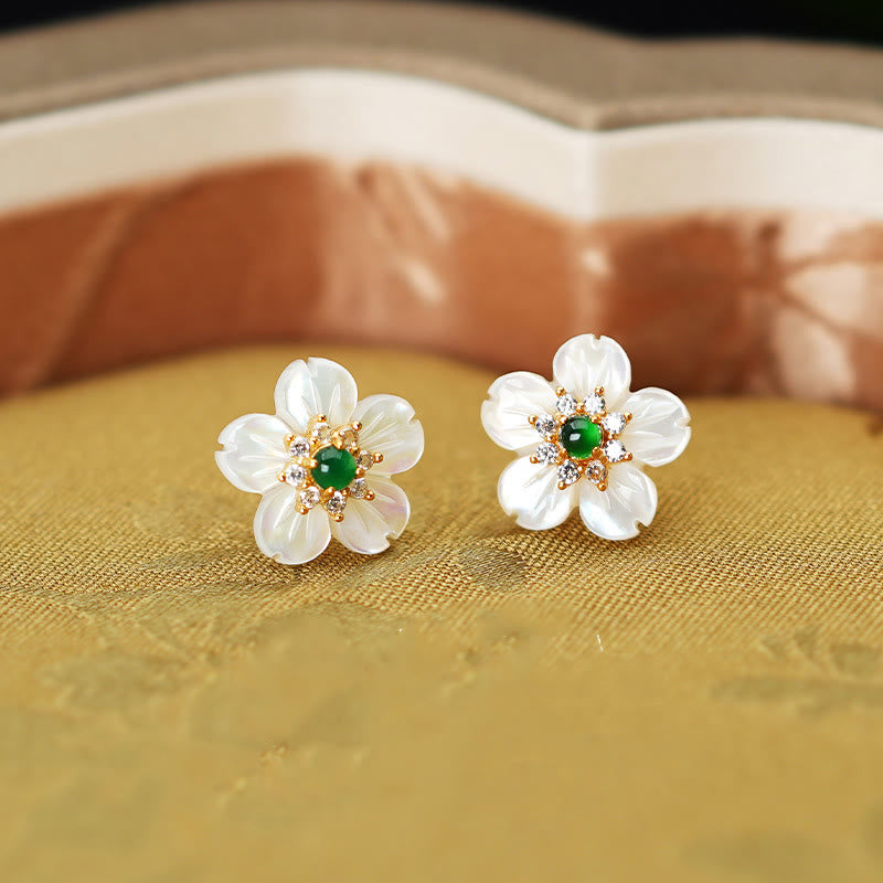 Buddha Stones 925 Sterling Silver Tridacna Stone Jade Flower Blessing Earrings - Tridacna Stone Jade 925 Sterling Silver - image 0