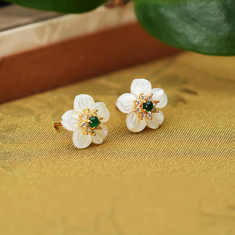 Buddha Stones 925 Sterling Silver Tridacna Stone Jade Flower Blessing Earrings - image 1