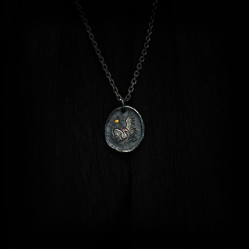 Buddha Stones 999 Sterling Silver 24k Gold Crane Auspicious Clouds Balance Necklace Pendant - image 1