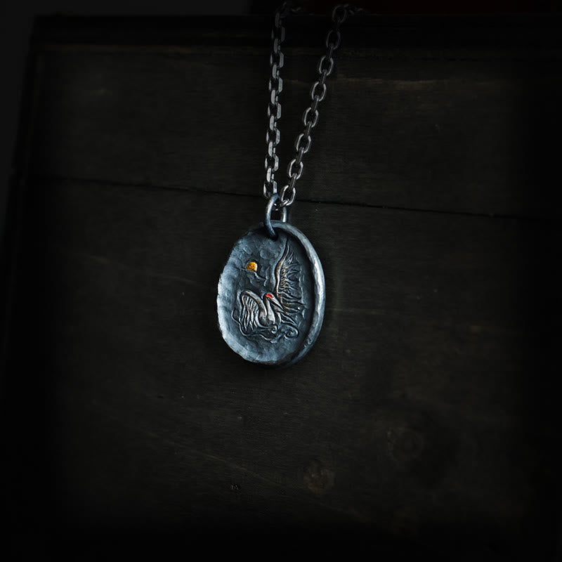 Buddha Stones 999 Sterling Silver 24k Gold Crane Auspicious Clouds Balance Necklace Pendant - image 3