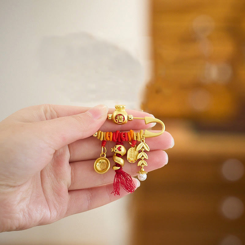 Buddha Stones Copper Year Of The Snake Tassels String Spike Fu Bowl Lucky Fortune Bag Brooch - image 4