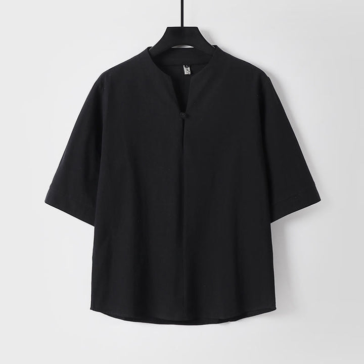 Buddha Stones Plain Color Three Quarter Sleeve One Button Cotton Linen Men's Shirt - Black - US/UK/AU54，EU64 (9XL) - image 0