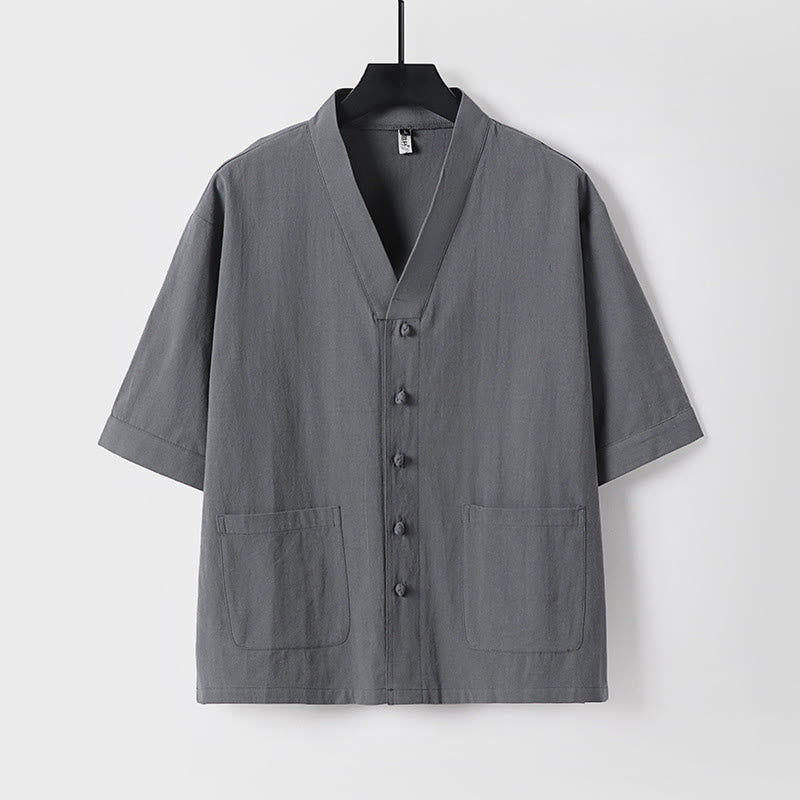 Buddha Stones Casual Plain Color Three Quarter Sleeve Front Button Cotton Linen Men's Shirt With Pockets - Gray - US/UK/AU54，EU64 (9XL) - image 10