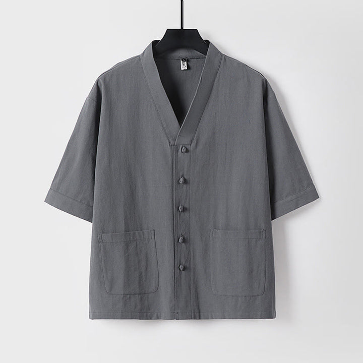 Buddha Stones Casual Plain Color Three Quarter Sleeve Front Button Cotton Linen Men's Shirt With Pockets - Gray - US/UK/AU54，EU64 (9XL) - image 10