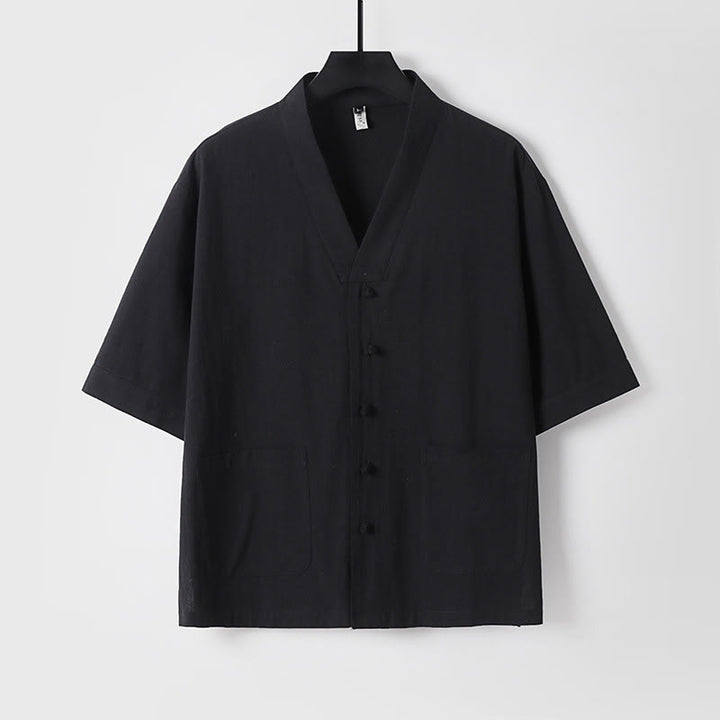 Buddha Stones Casual Plain Color Three Quarter Sleeve Front Button Cotton Linen Men's Shirt With Pockets - Black - US/UK/AU54，EU64 (9XL) - image 11