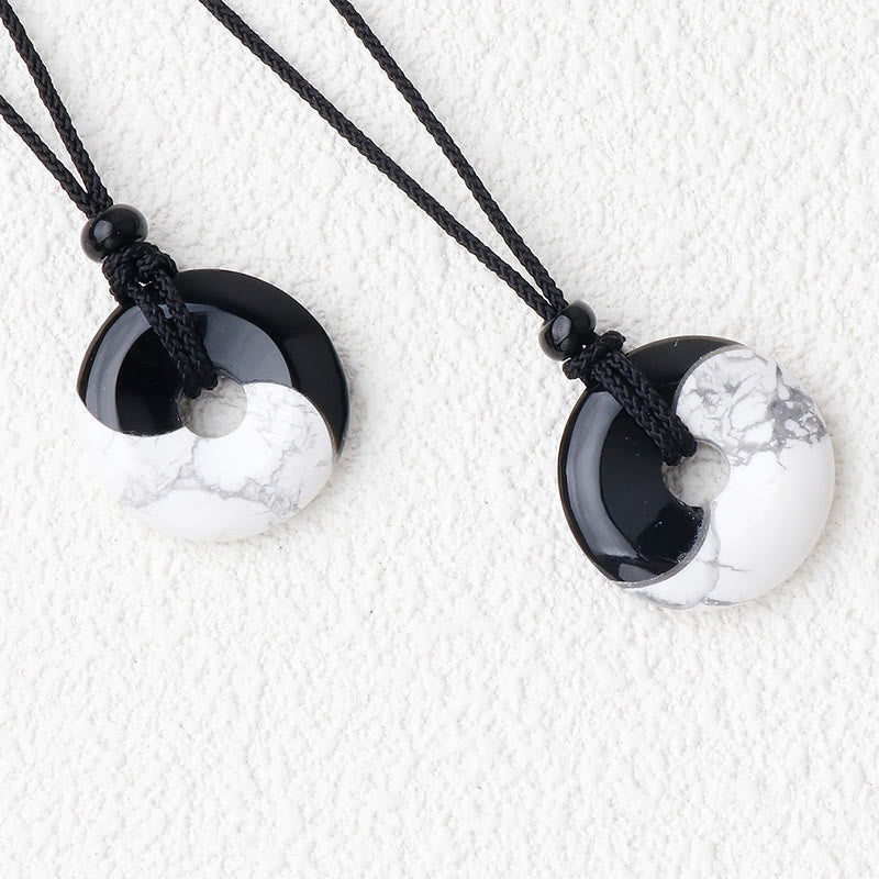 Buddha Stones Natural Black Obsidian White Turquoise Yin Yang Peace Buckle Design Braided String Strength Necklace Pendant - image 14