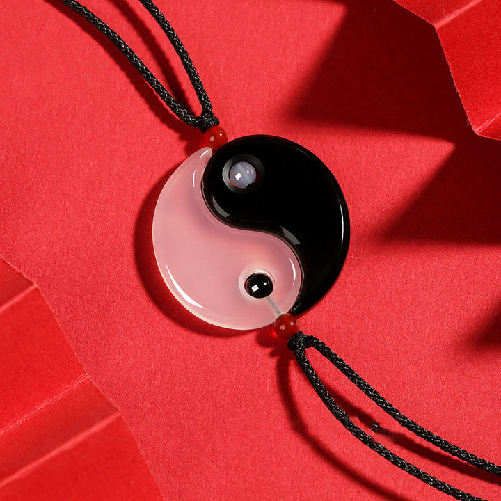 Buddha Stones Black Onyx White Agate Yin Yang Tai Chi Diagram Fortune Couple Necklace Pendant - Black Onyx White Agate YIN YANG - image 0