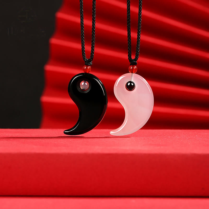Buddha Stones Black Onyx White Agate Yin Yang Tai Chi Diagram Fortune Couple Necklace Pendant - image 3