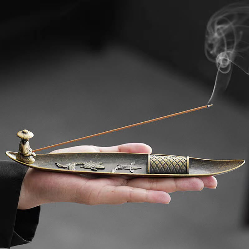 Buddha Stones Fisherman Boat Koi Fish Zinc Alloy Incense Stick Holder Healing Incense Burner Decoration - Fisherman Koi Fish 21.7*3.9*3.6cm(without incense) - image 0