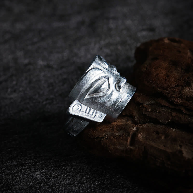 Buddha Stones 999 Sterling Silver Hand Casting Sanxingdui Mask Protection Ring - image 2