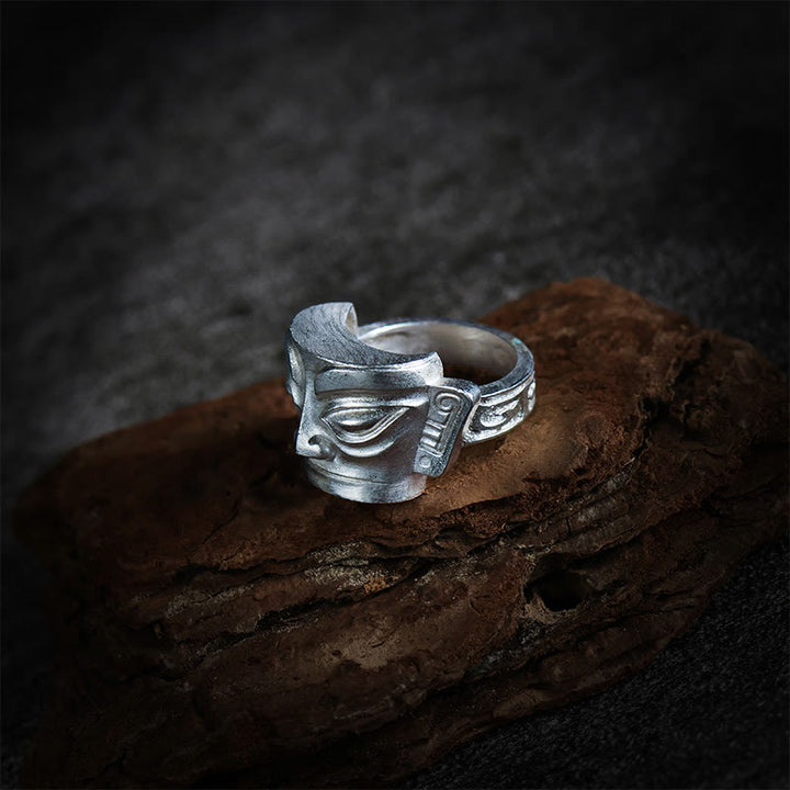 Buddha Stones 999 Sterling Silver Hand Casting Sanxingdui Mask Protection Ring - image 3