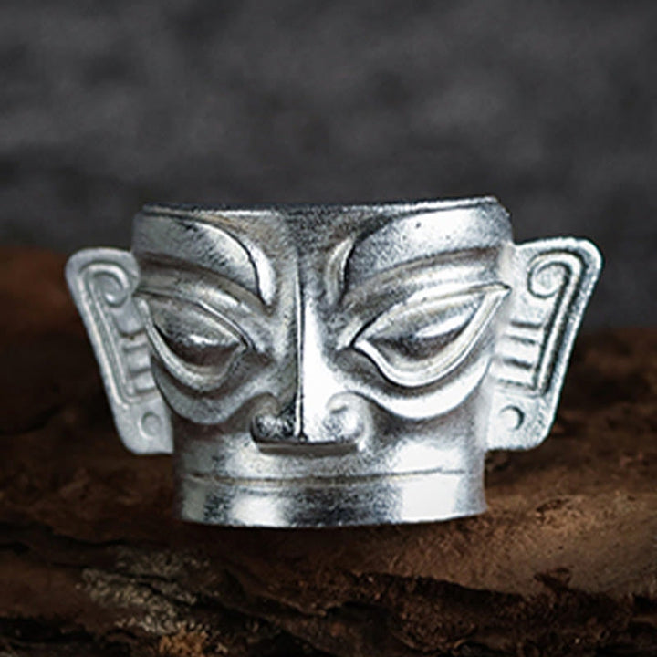 Buddha Stones 999 Sterling Silver Hand Casting Sanxingdui Mask Protection Ring - image 1