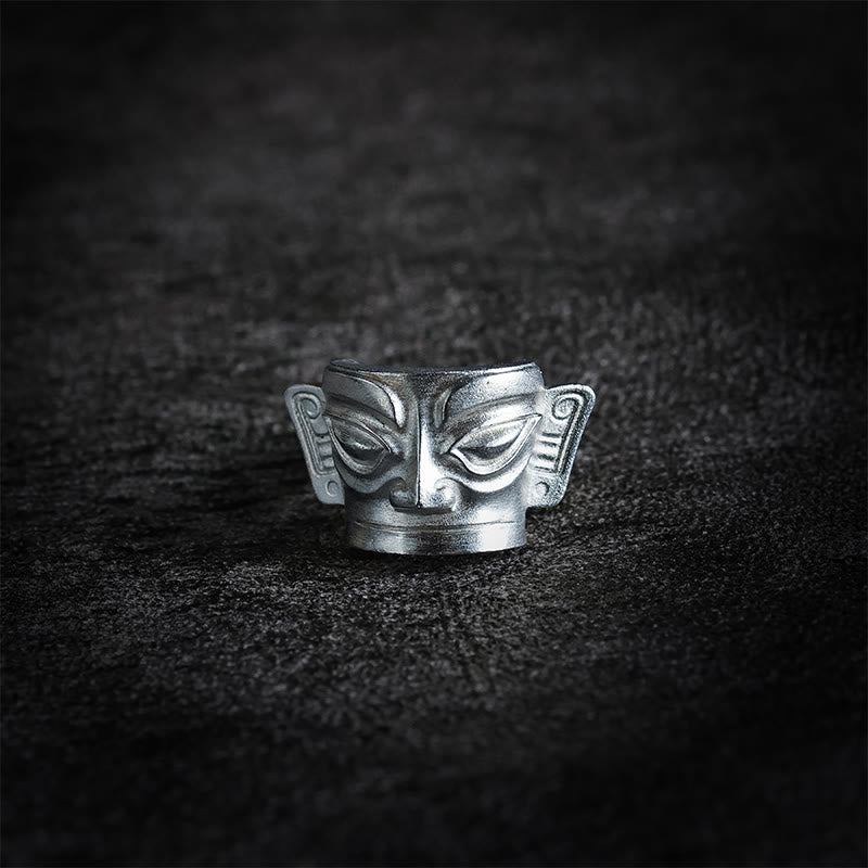 Buddha Stones 999 Sterling Silver Hand Casting Sanxingdui Mask Protection Ring - image 9