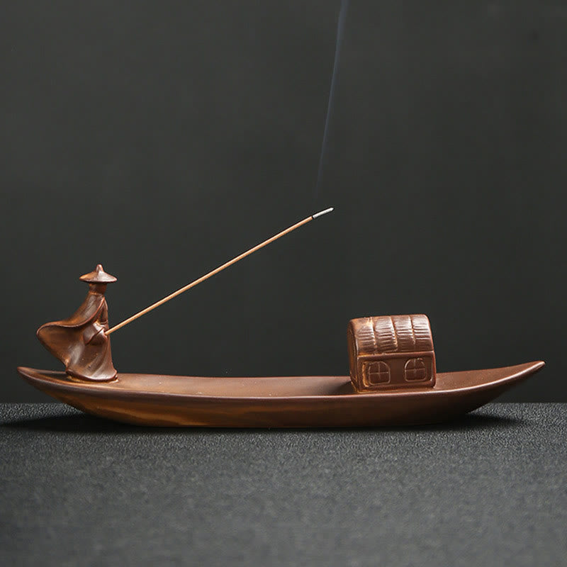 Buddha Stones Fisherman Fishing Boat Bamboo Buddha Hand Lotus Spiritual Healing Ceramic Stick Incense Burner Decoration - Fisherman 25.8*5*7.5cm - image 0