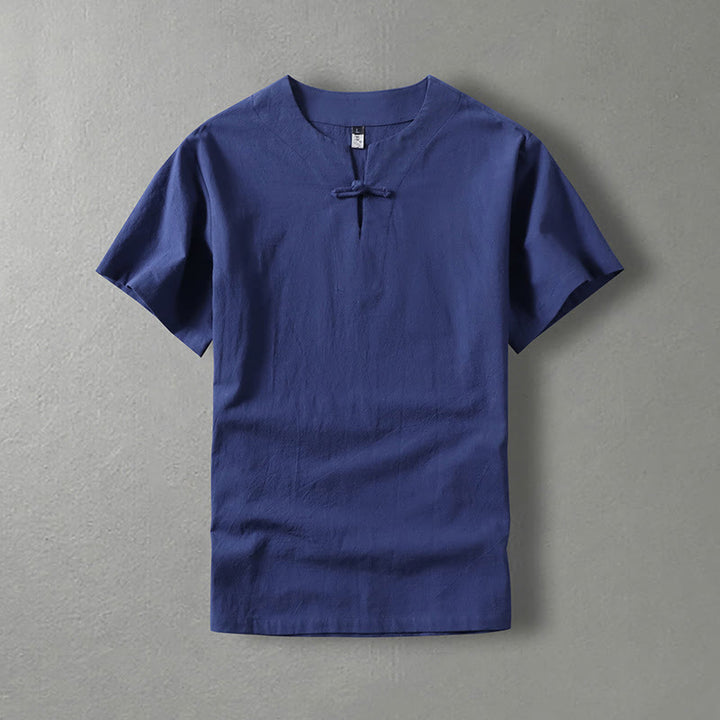 Buddha Stones Casual Plain Color Short Sleeve One Frog Button Cotton Linen Men's Shirt - DarkBlue - US/UK/AU54，EU64 (9XL) - image 3