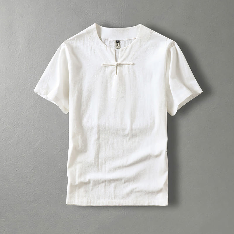Buddha Stones Casual Plain Color Short Sleeve One Frog Button Cotton Linen Men's Shirt - White - US/UK/AU54，EU64 (9XL) - image 1