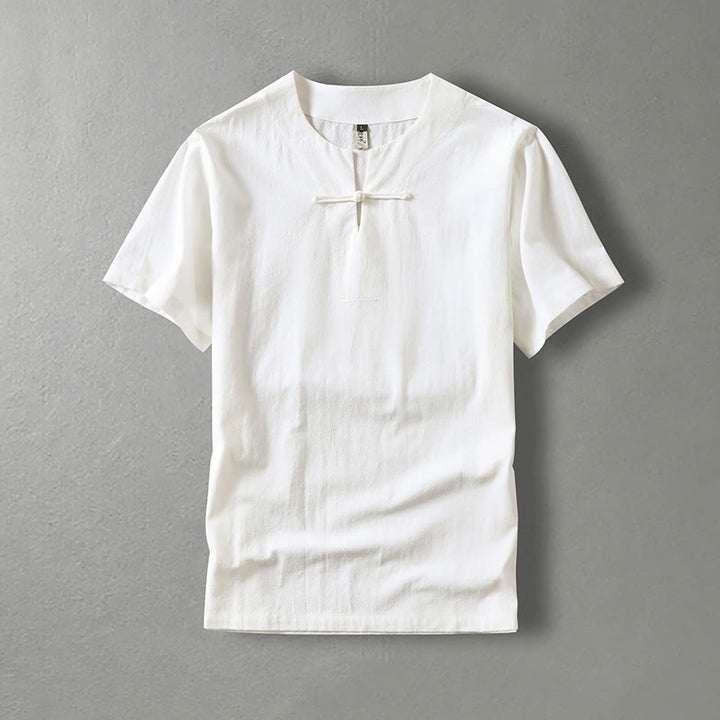 Buddha Stones Casual Plain Color Short Sleeve One Frog Button Cotton Linen Men's Shirt - White - US/UK/AU54，EU64 (9XL) - image 1