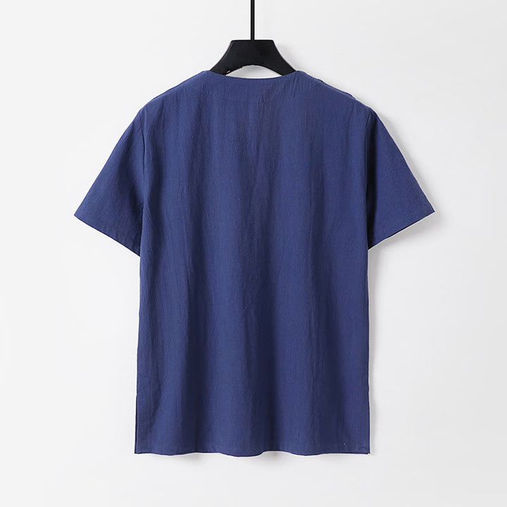Buddha Stones Casual Plain Color Short Sleeve One Frog Button Cotton Linen Men's Shirt - image 4