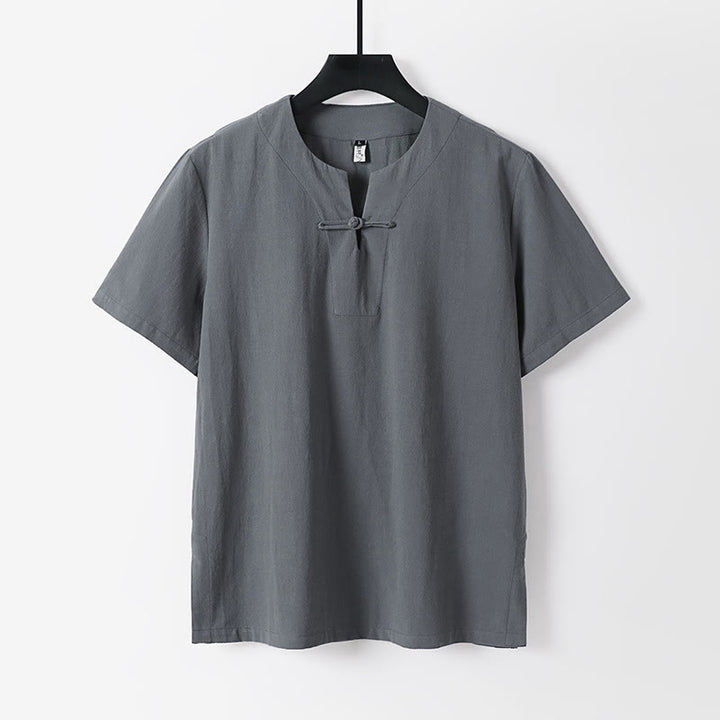 Buddha Stones Solid Color Short Sleeve One Frog Button Cotton Linen Men's Shirt - Gray - US/UK/AU54，EU64 (9XL) - image 0