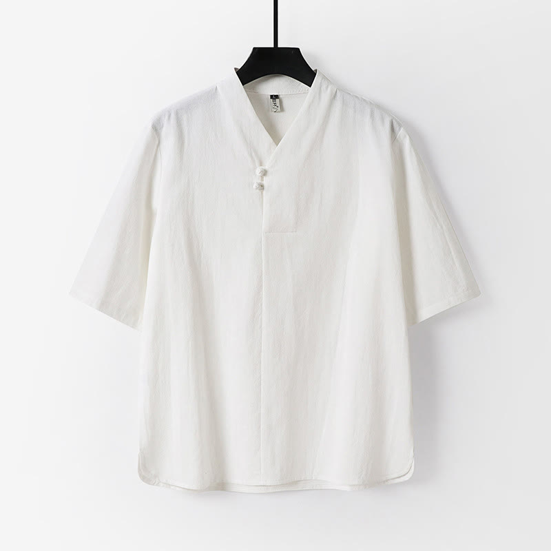 Buddha Stones Casual Plain Color Two Buttons Three Quarter Sleeve Cotton Linen Men's Shirt - White - US/UK/AU54，EU64 (9XL) - image 1
