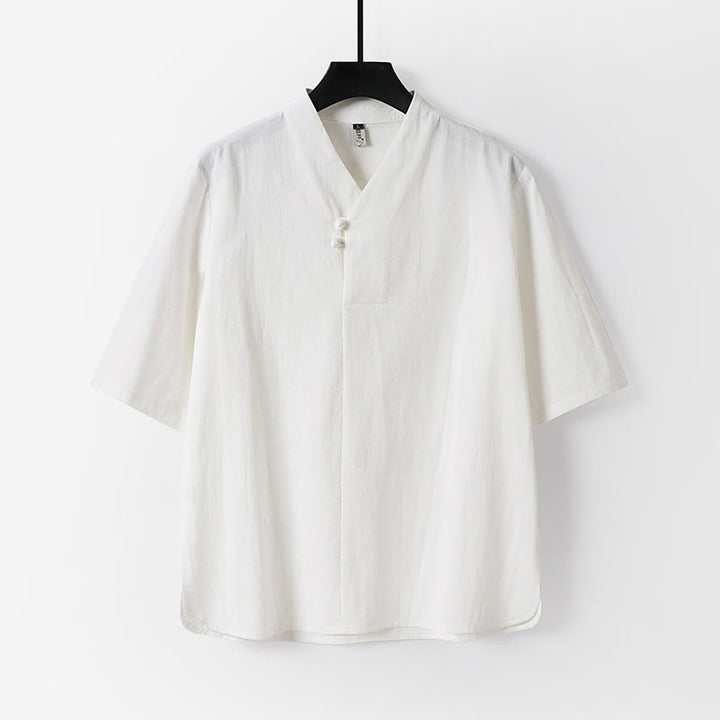 Buddha Stones Casual Plain Color Two Buttons Three Quarter Sleeve Cotton Linen Men's Shirt - White - US/UK/AU54，EU64 (9XL) - image 1