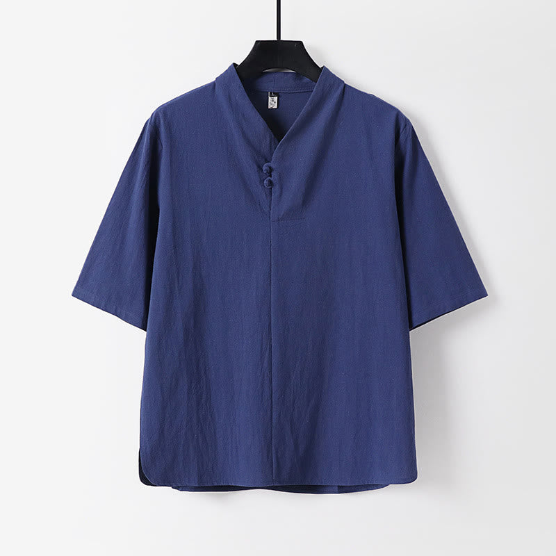 Buddha Stones Casual Plain Color Two Buttons Three Quarter Sleeve Cotton Linen Men's Shirt - DarkBlue - US/UK/AU54，EU64 (9XL) - image 0