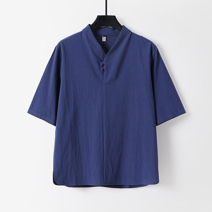 Buddha Stones Casual Plain Color Two Buttons Three Quarter Sleeve Cotton Linen Men's Shirt - DarkBlue - US/UK/AU54，EU64 (9XL) - image 0
