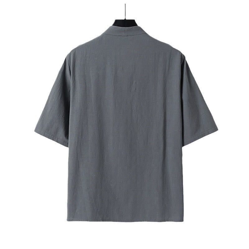Buddha Stones Casual Plain Color Two Buttons Three Quarter Sleeve Cotton Linen Men's Shirt - image 3